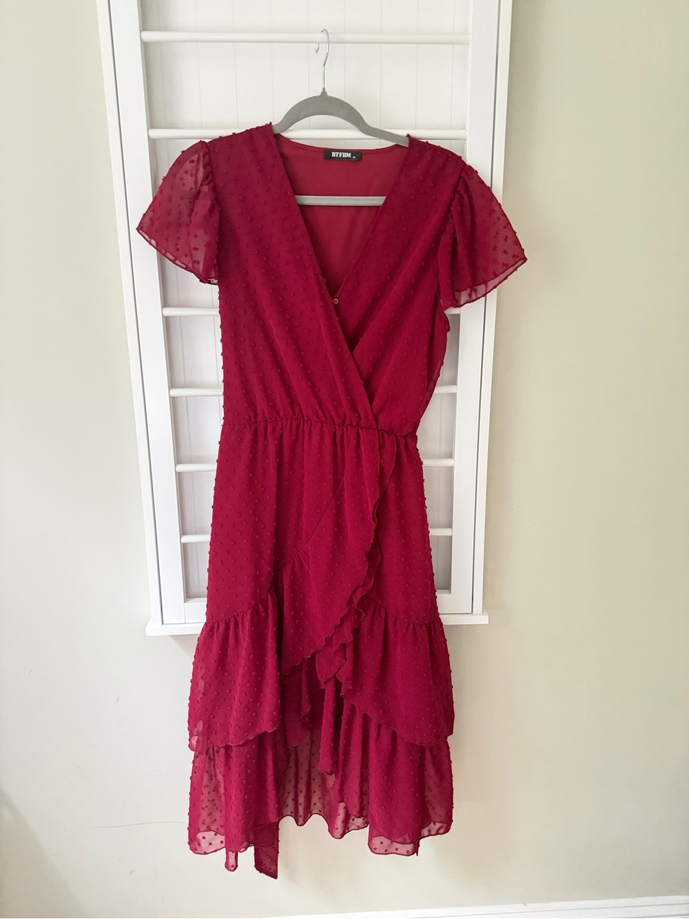 Textured Burgundy High-Low Wrap Dress